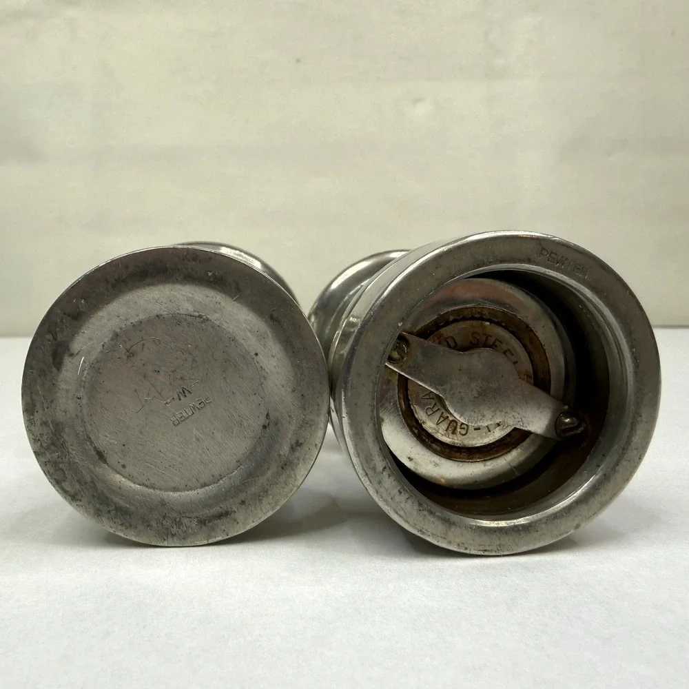 Vintage Pewter Salt Shaker & Pepper Mill Grinder Set Manual Adjustable Grind